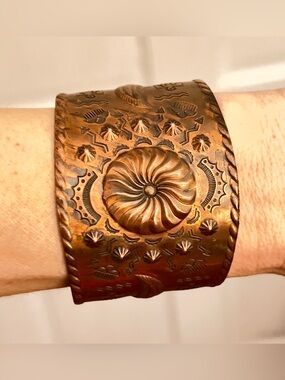 Copper Cuff Bracelet Fred Harvey Era Thunderbird Native American Symbol Wide Vtg